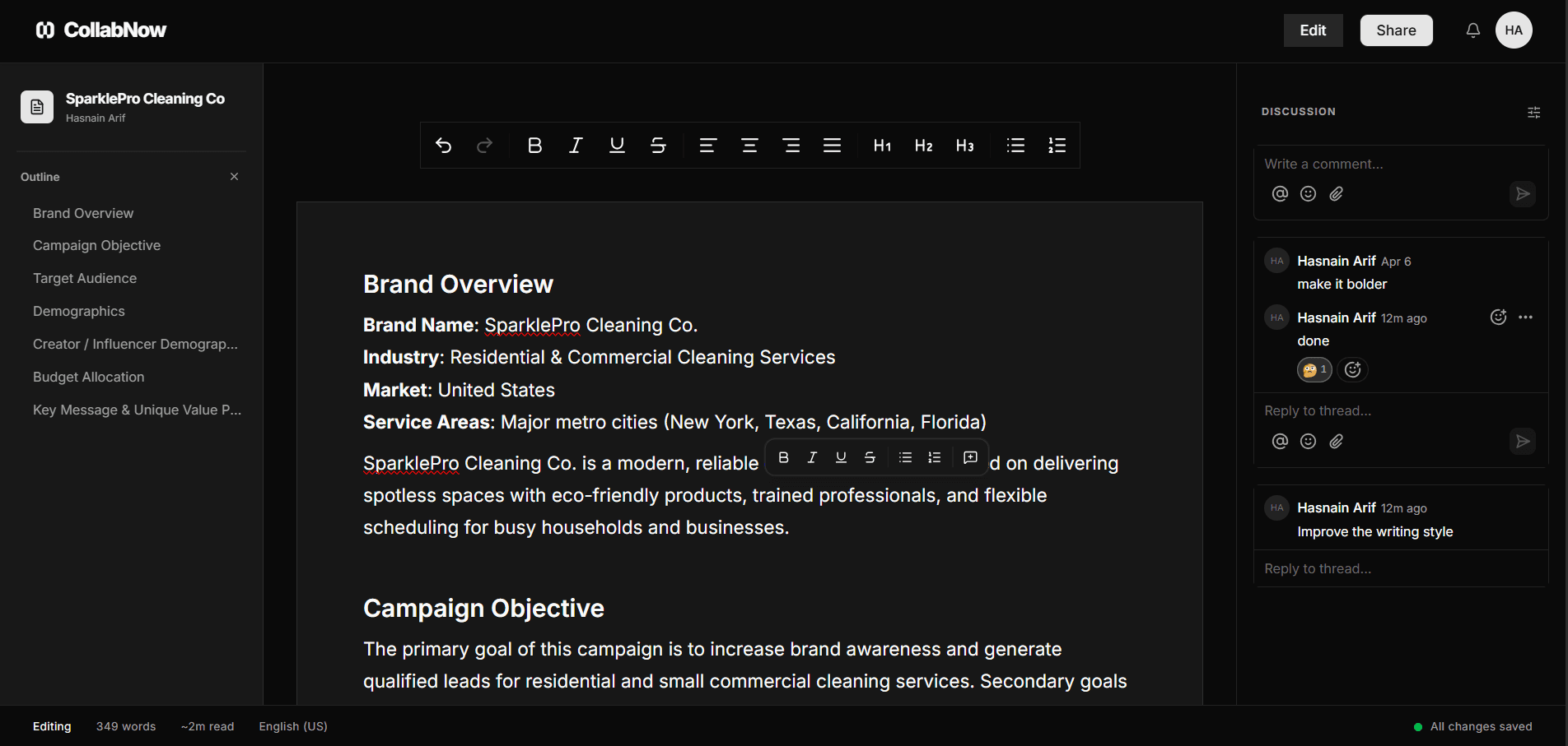 Collab Now editor interface
